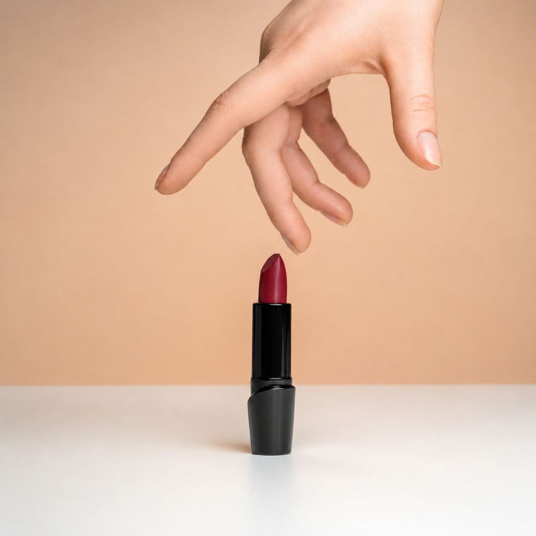 A hand hovering above a single lipstick tube on a white surface against a warm beige background.