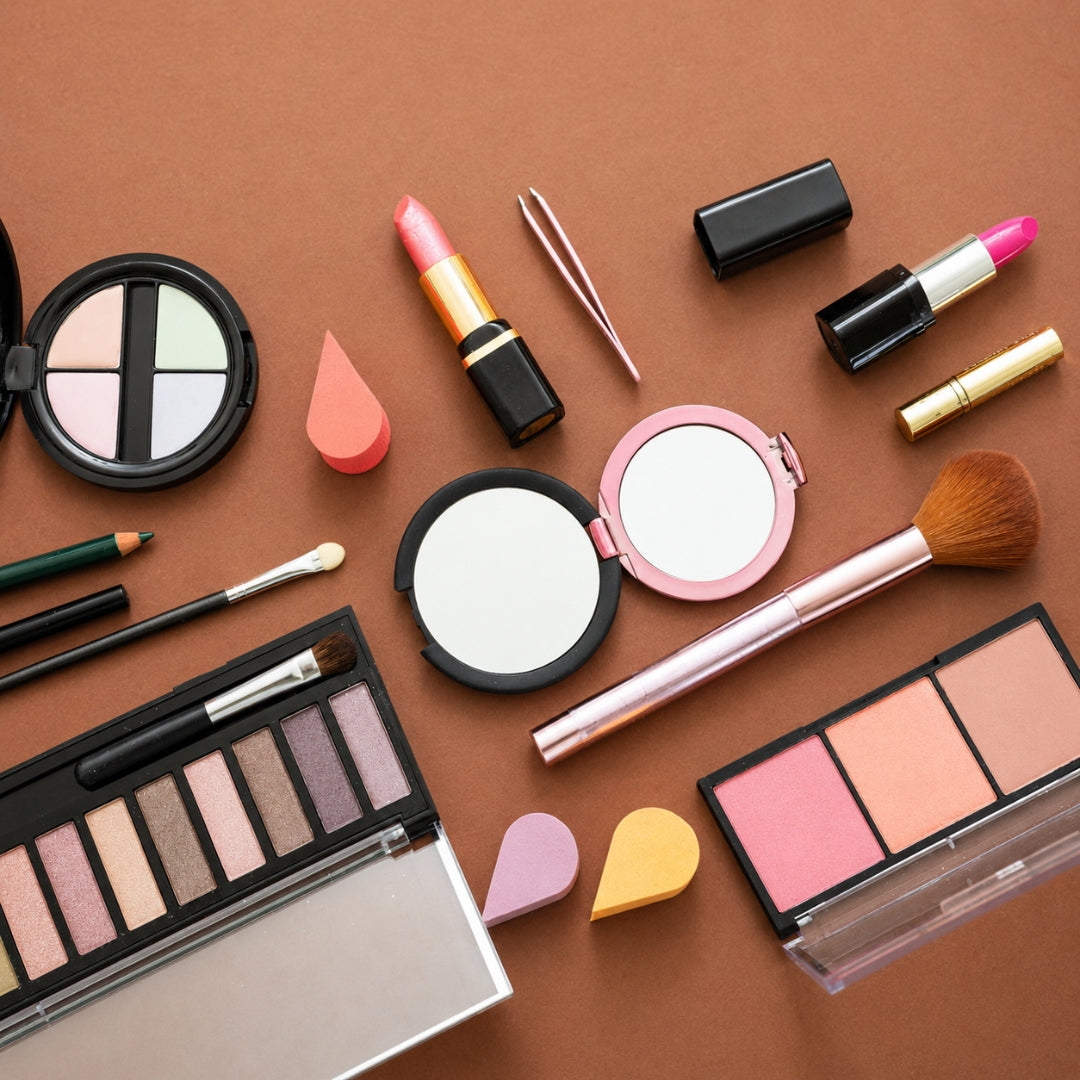 An overhead flat-lay arrangement of various makeup items on a solid brown background, including eyeshadow palettes, lipsticks, a brush, tweezers, and sponge tips.