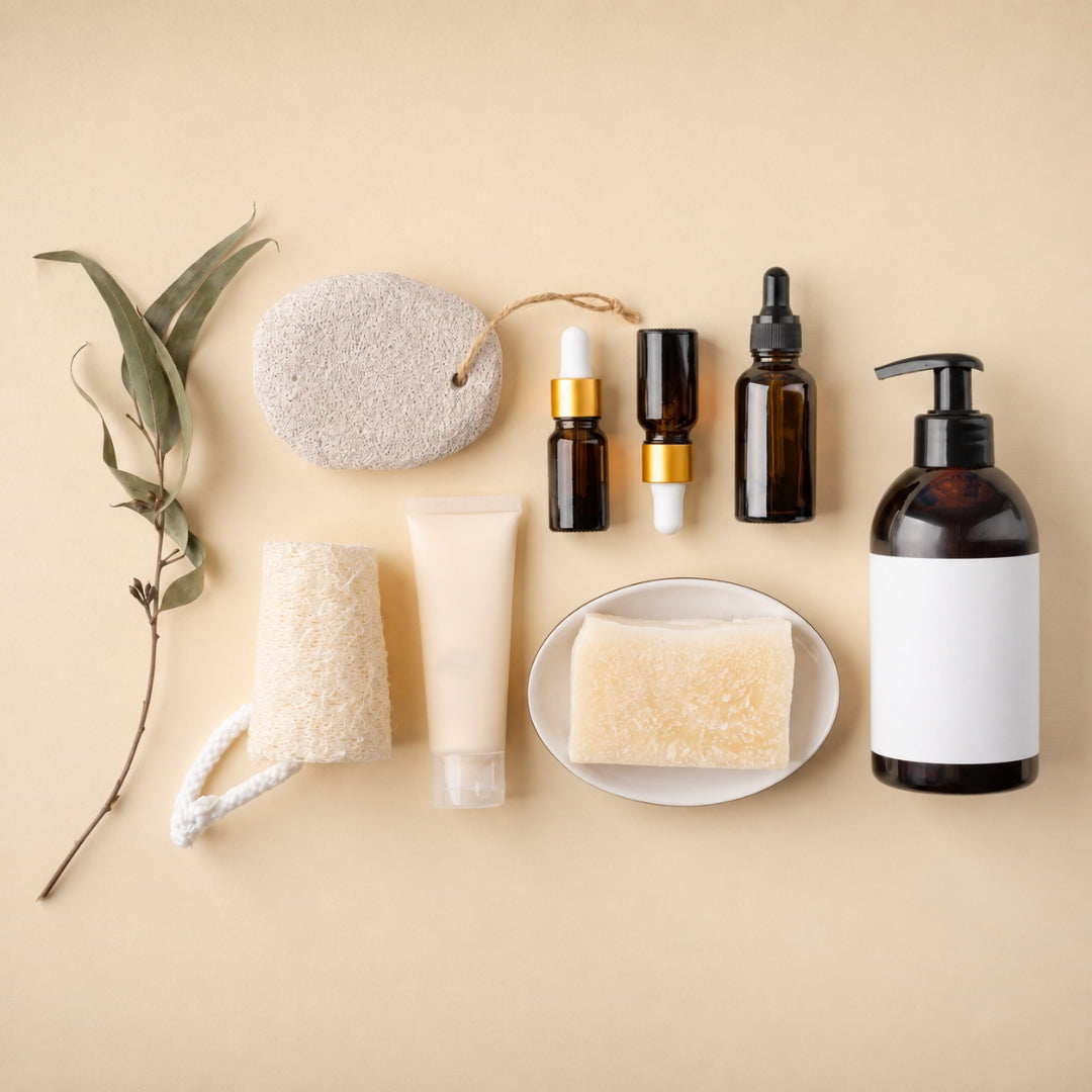 A styled flat-lay of natural skincare and bath products on a warm beige background, including an amber bottle with a blank white pump label, a cream tube, a textured sponge, a loofah, a bar of soap on a small plate, and two small dropper bottles.