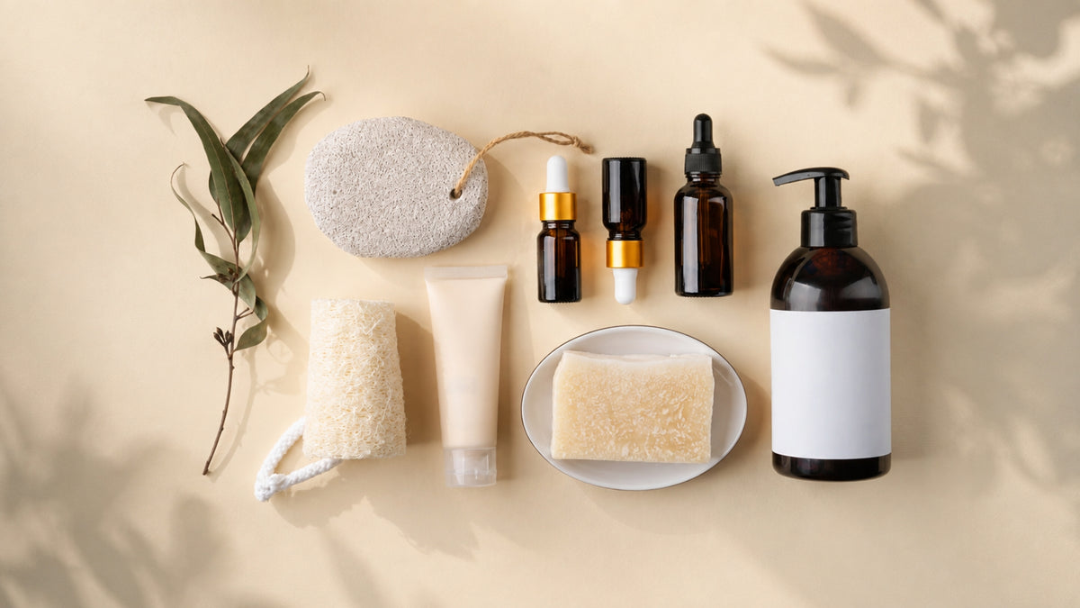 A flat-lay arrangement of skincare and bath products on a warm beige background with soft leaf shadows. The set includes a large dark amber pump bottle with a blank white label, a cream tube, a textured bath sponge, a small sponge brush, two amber dropper bottles, a bar of soap on a plate, and dried green leaves.