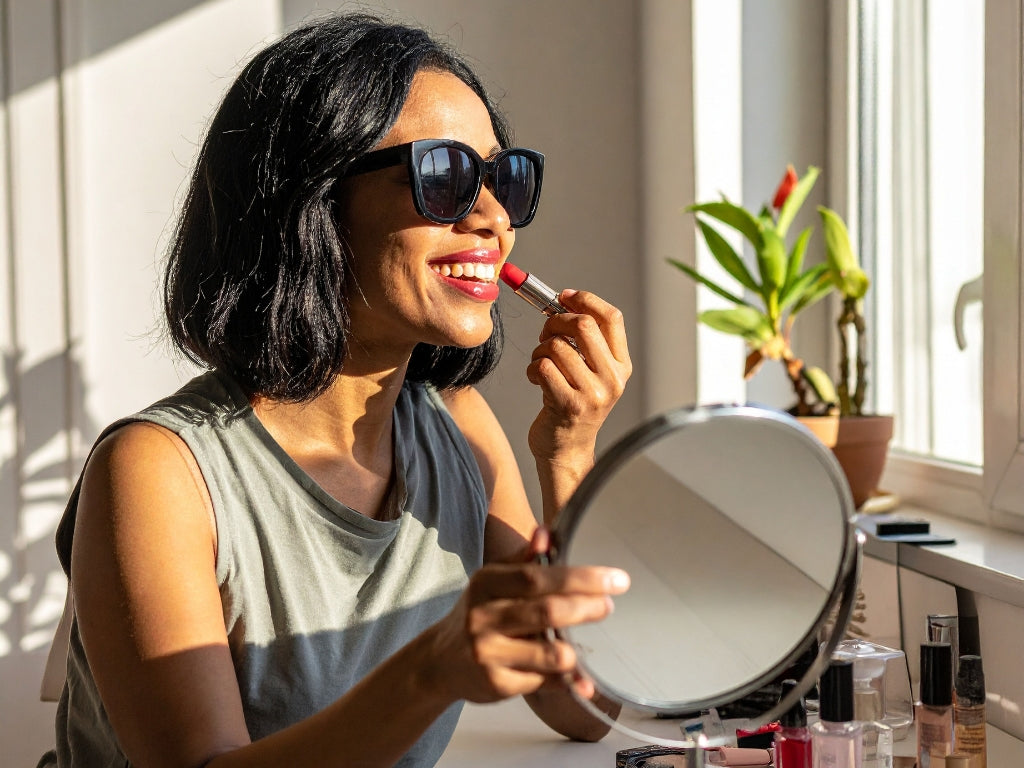 A woman with short black hair and sunglasses applies red lipstick while looking into a small round mirror. She is wearing a gray sleeveless top in a brightly lit room with a potted plant near the window.
